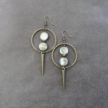 Hoop earrings, bronze and shell earrings, mid century modern earrings, bold statement earrings, artisan unique modern earrings, green 