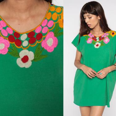 Embroidered Tunic Dress Green Floral Embroidery Dress Micro Mini Dress Boho Flower Vintage Mexican Tunic Top Shift Bohemian Festival Large 