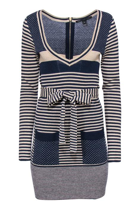 Marc by Marc Jacobs - Beige &amp; Navy Striped &amp; Polka Dot Sparkly Sweater Dress Sz M