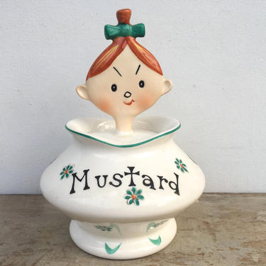 Vintage Davar Girl Mustard Container, Pixie Ware Red Head Girl Mustard Jar With Spoon, Made In Japan, Kitsch, Repair Made 