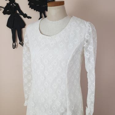 Vintage 1970's Cream Lace Dress / 70s White Wedding Maxi Dress S/M 