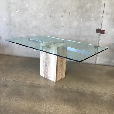 Vintage Artedi White Travertine & Chrome Dining Table with Glass Top