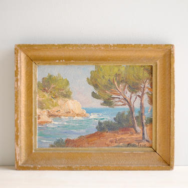 Vintage Small Oceanscape Painting of Porquerolles in Southern France, Original Signed Oil Landscape Ocean Painting, Tiny Landscape Painting 