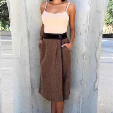 Vintage 1980s Yves Saint Laurent Wrap Skirt, 34 Women, brown wool tweed, velvet trim 