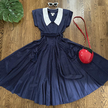 60s Navy Blue Polka Dot Robbie Bee Full Skirt Dress 