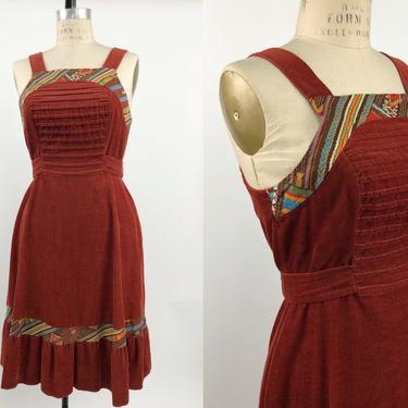 Vintage 1970s Red Corduroy Peasant Dress, Prairie Corduroy Dress, Southwestern Trim, 70s Everyday Wear, Size Medium, Waist 29