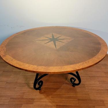 Vintage Baker Furniture Co. Round Dining Room Table on Four Leg Wrought Iron Base