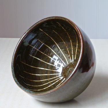 Tenmoku Studio Pottery Bowl with Starburst Design Signed KS - Vintage Art Pottery - Functional Pottery 