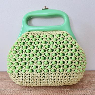 Vintage Beaded Bag - Rare 1960s Italian Raffia Crotched Beaded Bag - Green Faceted Beads - Small Purse with Handle - Vintage Beaded Purse 