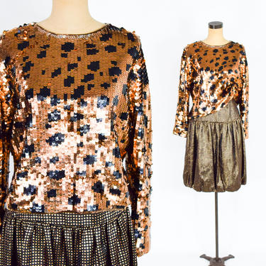 1980s Leopard Sequin Sweater &amp; Gold Metallic Skirt Set | 80s Black Bubble Skirt and Bronze Animal Print Top 