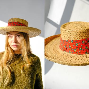Vintage 60s Elegante De Lujo Natural Straw Wide Brim Pork Pie Hat w/ Cotton Floral Headband | Unisex, Bohemian | 1960s Designer Sun Fedora 
