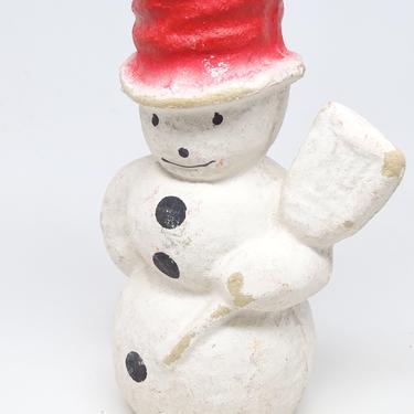 Vintage 1950's Pulp Paper Mache Snowman Candy Container, Red Hat with Broom, for Christmas 