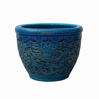 Chinese Ceramic Dragons Relief Motif Bright Blue Color Pot Planter ws1567E 