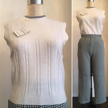 1960s sleeveless top, white knit shirt, vintage 60s shirt, size medium, deadstock 60s shirt, fully fashioned 