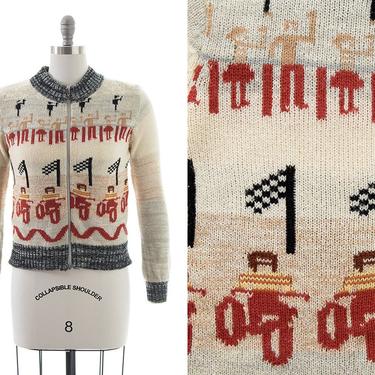 Vintage 1970s Sweater | 70s Motorcycle Race Novelty Print Graphic Knit Acrylic Zip Up Cardigan (small/medium) 