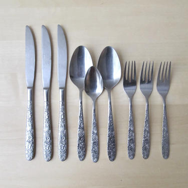 vintage floral stainless flatware - 9 piece knives spoons forks similar to Interpur Jardinera 