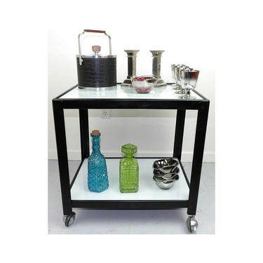 Bar Cart Black &amp; White Mid Century Serving Coffee Station Mini Bar Rolling Storage Glass Shelf Entertaining Decor Locking 