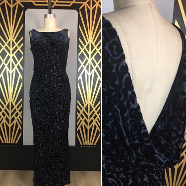 1990s maxi dress, burn out velvet, backless gown, vintage 90s dress, midnight blue, nude illusion, size small, 1930s style dress, bias cut 