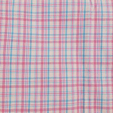 Vintage 1960's Pink Plaid Print Fabric / 70s Red Blue Flocked Fabric 