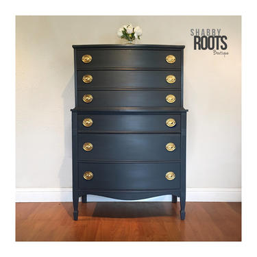 SOLD- Vintage antique Tall dresser bow front chest of drawers slate grey blue charcoal. Modern chic. San Francisco Bay Area by Shab