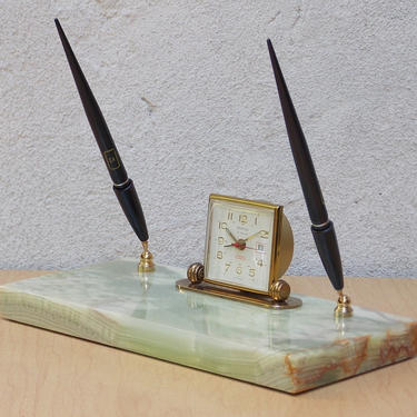Scottco Green Marble Desk Clock Pen Set 