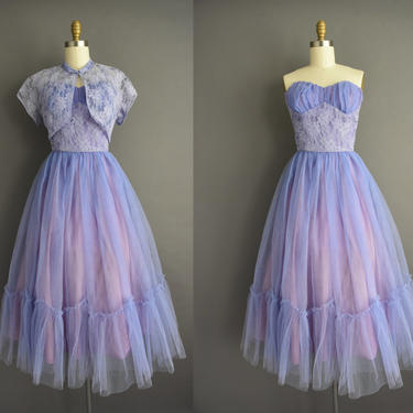 vintage 1950s | Emma Domb Lavender Blue Strapless 2pc Bridesmaid Cocktail Party Prom Dress | Medium | 50s dress 