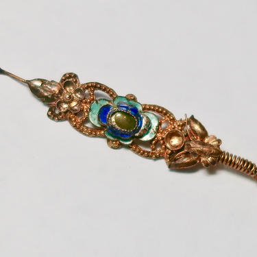 Qing Dynasty Enamel Gilt Floral Tremblant Hair Ornament, C 1900 Chinese Hair Pin, Antique Hair Decoration, Hair Jewelry, Antique Hairpin 