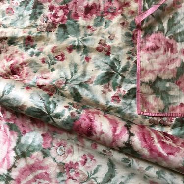 vintage 1920’s watered silk roses fabric roll, silk watered floral print fabric, antique linen roll, Edwardian pink rose print fabric 