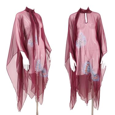 70s disco chiffon butterfly dress M-L  / vintage 1970s cranberry airbrushed rhinestone handkerchief hem overlay top blouse tunic studio 54 