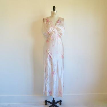 Vintage 1940's Pastel Pink Floral Rayon Satin Bias Cut Long Nightgown Ruching 40's Spring Summer Slip Dress Lingerie Rockabilly Pin Up Med 