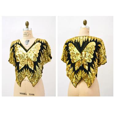 70s Vintage Gold Butterfly Disco Metallic Sequin Shirt In Gold and Black with Butterfly MEDIUM LARGE // Vintage Gold Black Sequin Shirt Top 