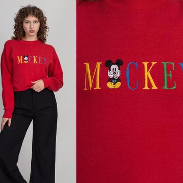 90s Mickey Mouse Embroidered Sweatshirt - Large | Vintage Red Graphic Disney Cartoon Pullover 