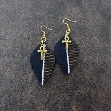 African print earrings, Ankara earrings, wood earrings, bold statement earrings, Afrocentric batik earrings, black fabric earrings, ankh 