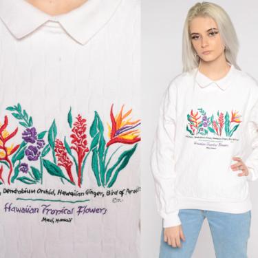 Hawaiian Floral Sweatshirt White Tropical Graphic Sweatshirt 80s Sweatshirt Flower Print 90s Vintage Oversized Small S 