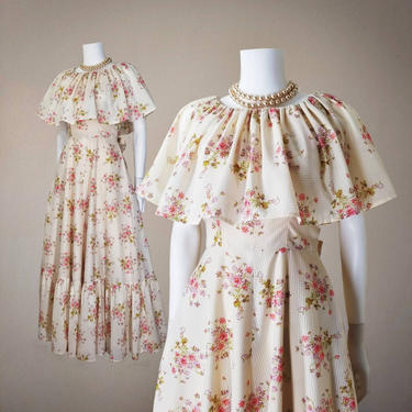 Vintage 70s Floral Prairie Dress, Small / Promenade Gown / Sleeveless Cape Collar Ruffled Maxi Dress / 1970s Sweeping Formal Evening Gown 
