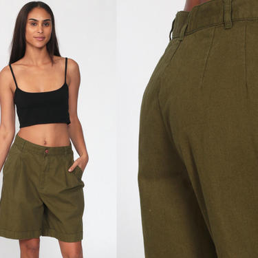 Pleated Shorts 90s Mom Shorts Olive Green High Waisted Retro Trouser Baggy Paper Bag 1990s Cotton Vintage High Waist Women's Medium 