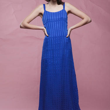 blue silk dress flowy maxi ankle length shoulder straps vintage 70s SMALL S 