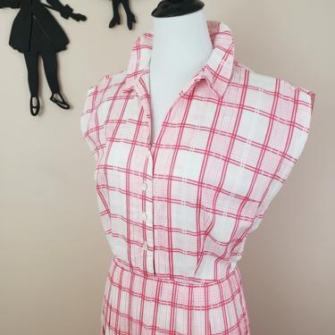 Vintage 1950's Pink Shirt Waist Dress / 50s Plaid Check Day Dress S 