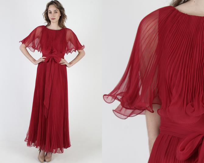 Ruby Red Miss Elliette Dress / Tiered Layered Sheer Chiffon / Vintage 70s Ruffle Avant Garde / Unique Maroon Pleated Maxi With Waist Tie 
