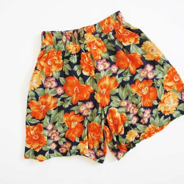 Vintage 90s Floral Shorts S M - 90s High Waist Long Shorts - Flowy Shorts - Elastic Waist Soft Casual Shorts - 90s Clothing - Orange Blue 