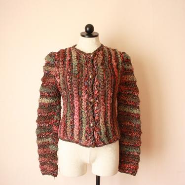 80s Estelle Gracer Hand Crocheted Cardigan Sweater Jacket Rag Knit Mauve Size XS 