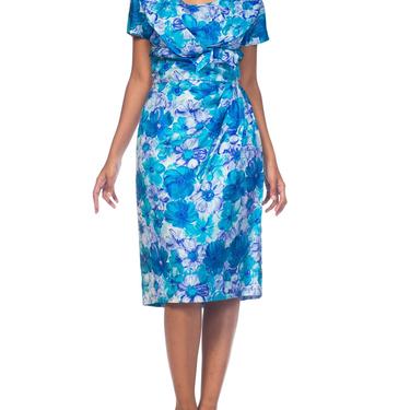 1950S Blue & White Floral Silk Twill Classy Dorothy Draper Dress 