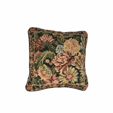 Vintage Floral Needlepoint Throw Pillow 