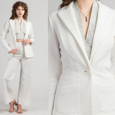 60s 70s Mod White Blazer &amp; Pant Set - Small | Vintage Women's Collared Jacket Two Piece Outfit 
