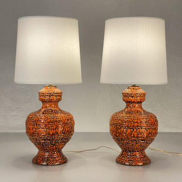 Pair of 1960s Brown and Orange Drip Glaze Table Lamps - *Please see notes on shipping before you purchase. 