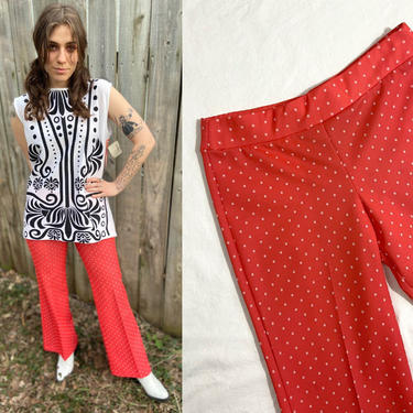 Vintage 1970s Polka Dot Pants | Coral Salmon Pink + White Poly Knit Creased Flared Pull On Pants, S/M 29&amp;quot; Waist | Jantzen 