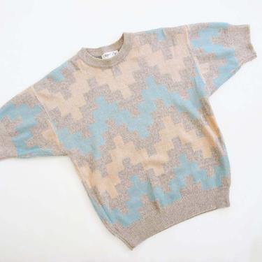 Vintage 80s Knit Shirt S M - 1980s Pastel Southwest Short Sleeve Wool Knit Top - Pink Tan Blue Geometric Chevron Knit Top 