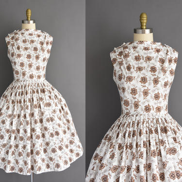 1950s vintage dress - Size Medium - White cotton brown floral print sleeveless full skirt sun dress - 50s dress 