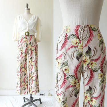 Vintage 90s Floral Linen Pants/ 1990s Oscar De La Renta High Rise Barkcloth Summer Trousers/ Tiki/ size 8 30 
