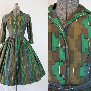 1950's Green, Brown and Blue Cotton Shirtwaist Dress / Size XSmall 